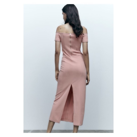 ZARA Light Pink Off the Shoulder Midi Dress Medium Blogger Favorite Valentines - Picture 11 of 16
